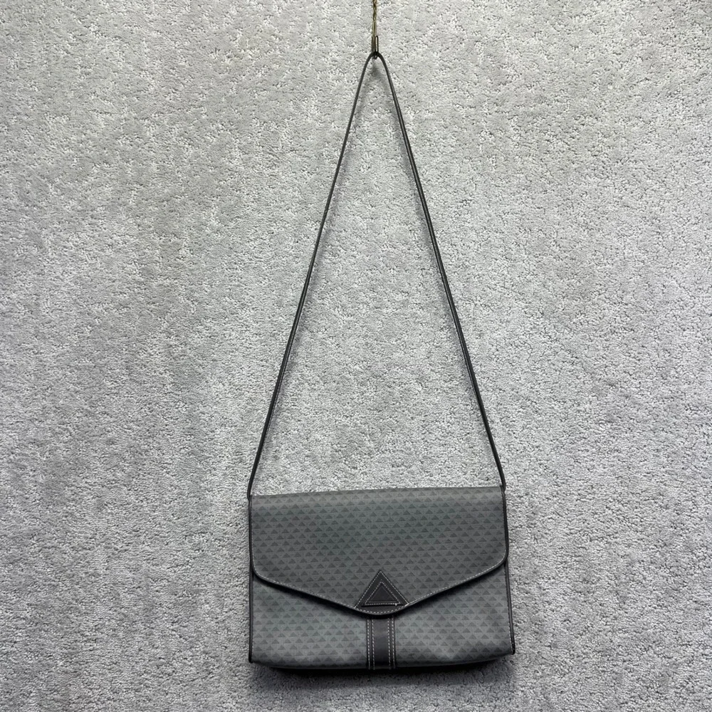 VTG‎ 80s Liz Claiborne Crossbody Bag Grey Geometric Triangle Print Leather Trim